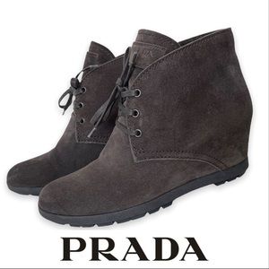 PRADA Milano Suede Desert Wedge Ankle Boot Lace-up - Brown- Sz. 8.5/ 39 …